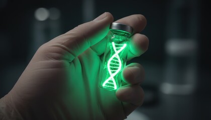 Gloved Hand Holding Glowing Green Dna Helix in a Glass Vial for Genetic Research