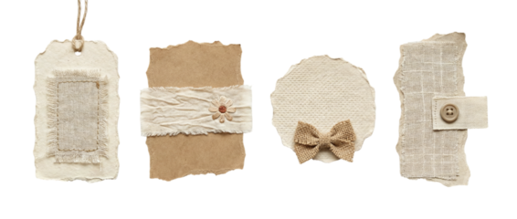 Set of handmade textured paper tags decorated with linen, fabric, ribbon and burlap elements on transparent background