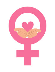 Obraz premium Inside the Women’s sign, a woman's open hands hold a heart symbolizing care, strength,activism, the design element for posters, cards, brochures.#Givetogain campaign.International Women's Day 2026. 