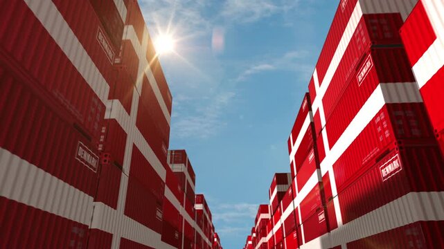 Denmark export import and production cargo containers in row seamless and loopable business concept. Danish flag industrial shipping box 3d loop.