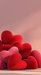 Scattered Red and Pink Hearts on Soft Gradient Pink Background, Warm Romantic Valentine&rsquo;s Day Love Concept, Copy Space, Aspect Ratio 9:16