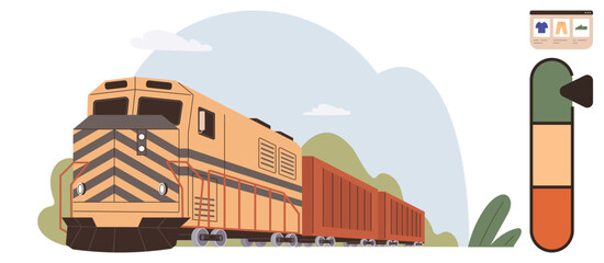 Obraz premium Transportation, environment, logistics, emissions, freight, sustainability. Cargo train traveling with a fuel emissions indicator. Freight and environment concepts linked to logistics and emissions