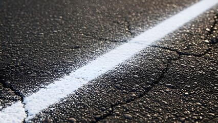 close up of white line on asphalt road surface with cracks and texture
