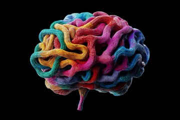 Vibrant abstract brain sculpture in multicolored cables on black background