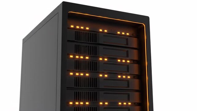 Close-up of a black server rack with glowing orange indicator lights on a white background.