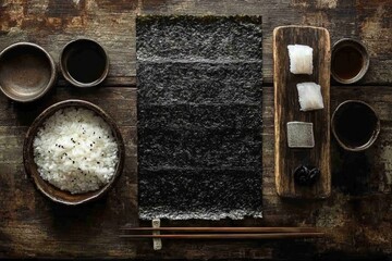 Traditional japanese sushi preparation with rice and nori on wooden table