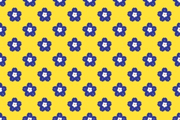 A seamless floral pattern with vintage blue flowers and colorful nature elements creates a decorative  illustration design for summer textile fabric wallpaper and retro ornament art