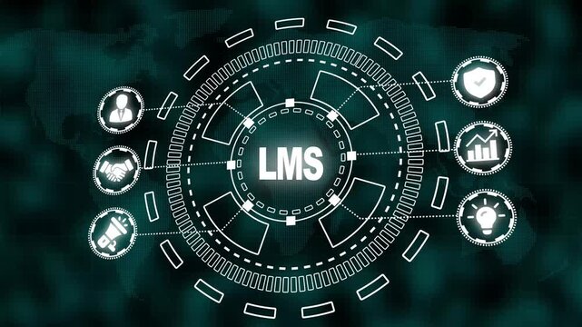 Digital Learning Management System LMS Concept with Global Map and Icons education e-learning