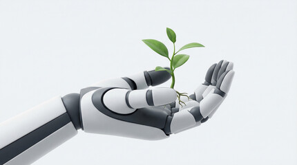 Robotic Hand Holding a Young Green Plant Sprout Representing Sustainable Technology and Innovation