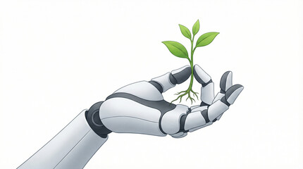 Robotic Hand Holding a Young Green Plant Sprout Representing Sustainable Technology and Innovation