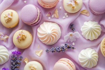 Pastel macarons and meringues with lavender and petals on fabric