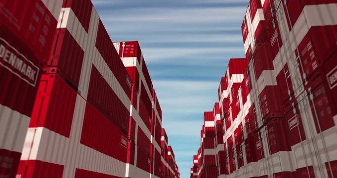 Denmark export import and production cargo containers in row seamless and loopable business concept. Danish flag industrial shipping box 3d loop.