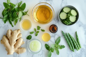 Natural skincare ingredients on marble with ginger, mint, aloe, and essential oils