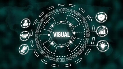Visual Concept Digital Interface with Global Map and Icons visualization graphics