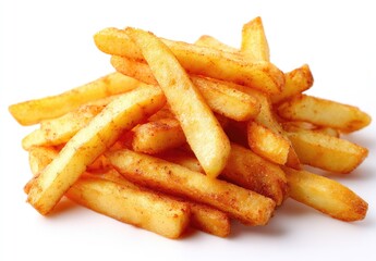 Golden crispy french fries pile isolated on white background for food concepts