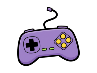 Purple game controller with yellow and green buttons and a black directional pad, featuring a black cord