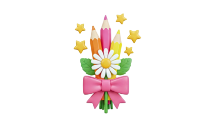 Cartoon bouquet of pencils, flower, and stars