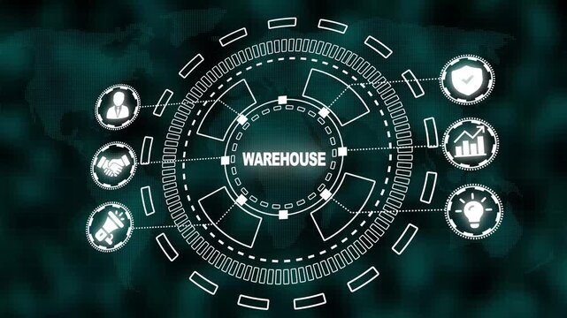 Digital Warehouse Concept with Global Network and Business Icons on Dark Teal World Map Background