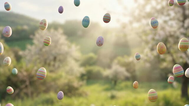 Floating Colorful Easter Eggs in Spring Nature Landscape with Soft Sunlight and Blooming Trees. Video