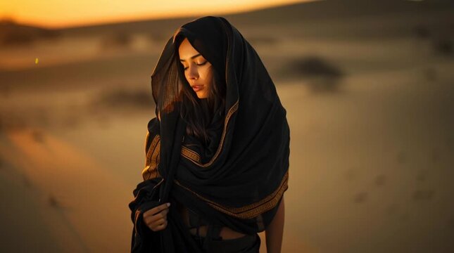 mysterious nomadic woman at golden desert sunset, ethnic desert wanderer portrait in arid sands, enigmatic tribal woman in sahara dunes