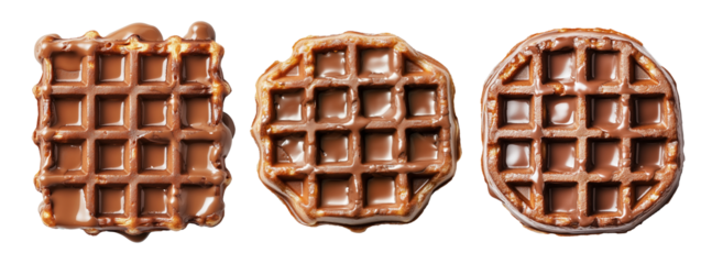 Tasty golden waffle drenched in glossy melted chocolate syrup, isolated on white transparent background, dessert concept