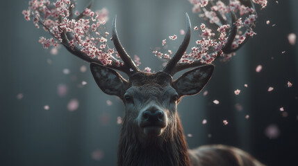 Close up of majestic deer with cherry blossoms on antlers.