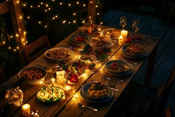 Festive outdoor dinner table with lights and candles at night
