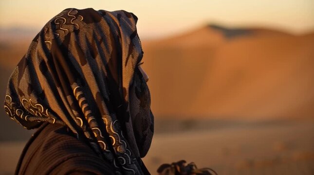 mysterious nomadic woman at golden desert sunset, ethnic desert wanderer portrait in arid sands, enigmatic tribal woman in sahara dunes