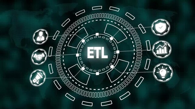 Digital ETL Process Concept with Global Network and Business Icons on Dark Teal World Map Background