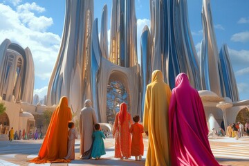 Futuristic cityscape with diverse group in colorful clothing