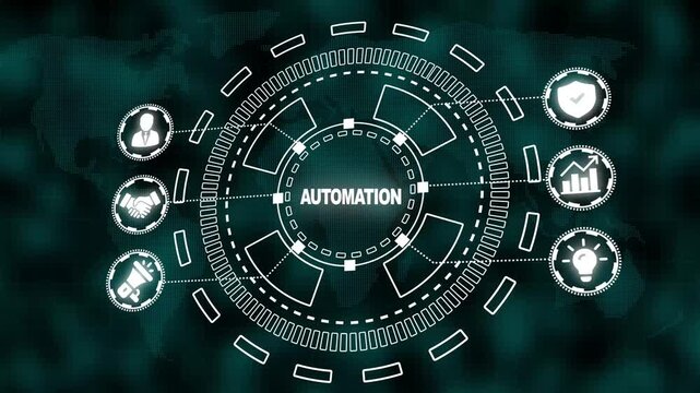 Digital Automation Concept with Global Network and Business Icons on Dark Teal World Map Background