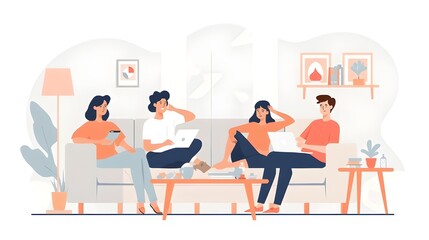 Group of young people working on laptops and tablets on sofa in cozy living room