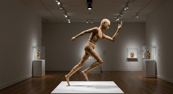 A wooden art sculpture of a running human figure displayed in an art museum setting