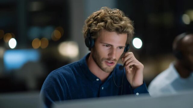 An active call center illustrates telemarketing workflows, where agents manage call scripts, customer data, and performance metrics. cinematic color correction, natural uneven lighting yet gentle