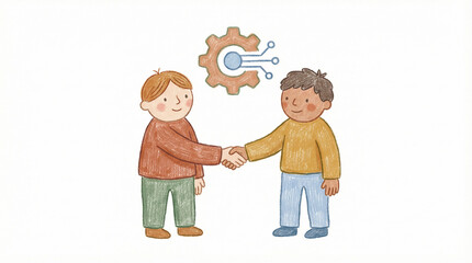 Hand-Drawn Illustration of Two Men Shaking Hands for Technical Partnership and Innovation