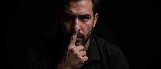 Serious man with finger on his lips, conveying sense of secrecy and contemplation in dark setting