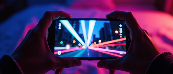 Capturing vibrant city lights with smartphone, showcasing dynamic motion and colorful trails. scene evokes excitement and creativity