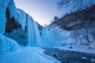 A Frozen Waterfall Encased in Shimmering Ice During Winter, Showcasing Nature's Power and Beauty