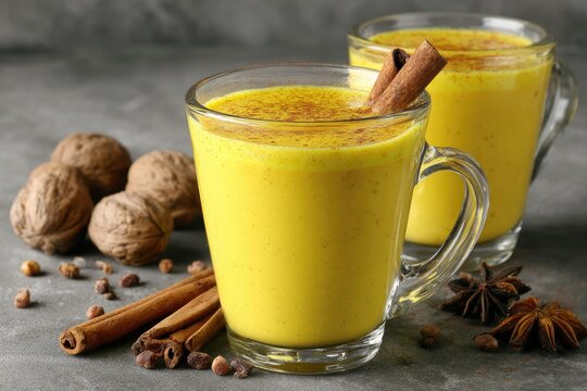 Golden turmeric latte served with cinnamon sticks and spices on gray surface