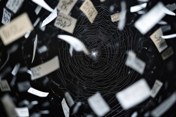 Intricate spider web with floating paper notes in motion