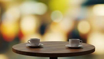Obraz premium Two coffee cups on a wooden table, softly lit, with a vibrant, blurred cafe background. Perfect for a quiet pause or an awaited social connection