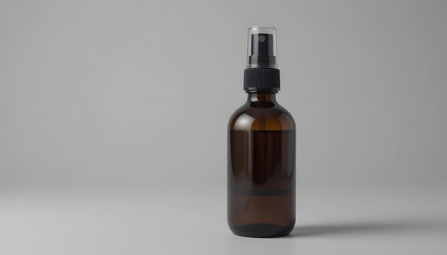 Amber glass spray bottle with black atomizer cap standing on a grey background. 2 oz spray bottle