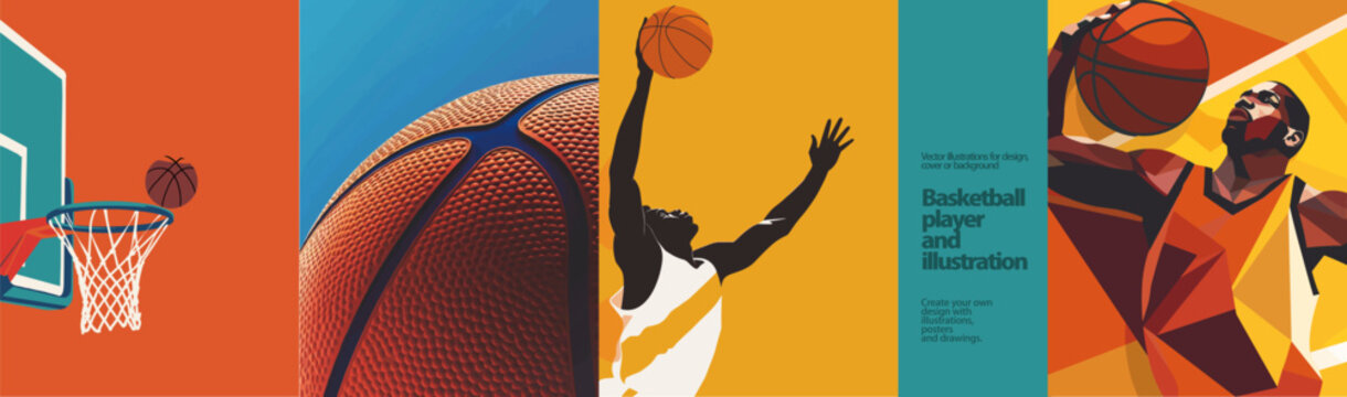 Basketball Player & Game Vector Art. Vector illustrations capturing basketball players in dynamic action, alongside detailed balls and hoops. Features modern, geometric styles for sports event, poster