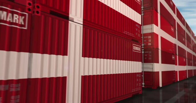Denmark export import and production cargo containers in row seamless and loopable business concept. Danish flag industrial shipping box 3d loop.