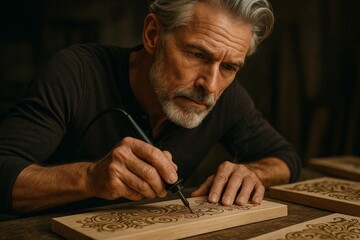 Mature craftsman carefully carving decorative wood pattern with heated tool, focused artisanal woodworking process.