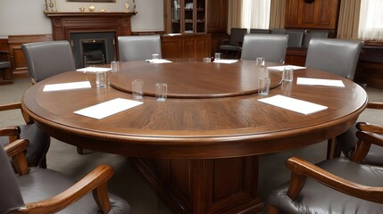 Obraz premium Elegant circular conference table with leather chairs set in a formal boardroom