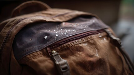 Water droplets on a weathered brown canvas backpack during a rainy day