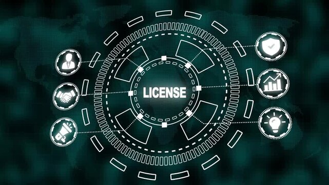 Digital concept of license with icons for business growth security and communication on a world map background