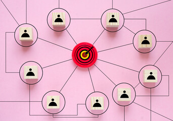 Business concept, goal achievement, teamwork,workflow and innovation flowchart. Flat lay colored background