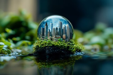 Crystal sphere reflecting urban skyline amidst lush greenery